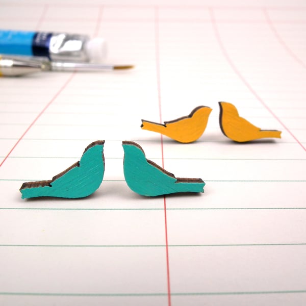 Wooden Bird Stud Earrings