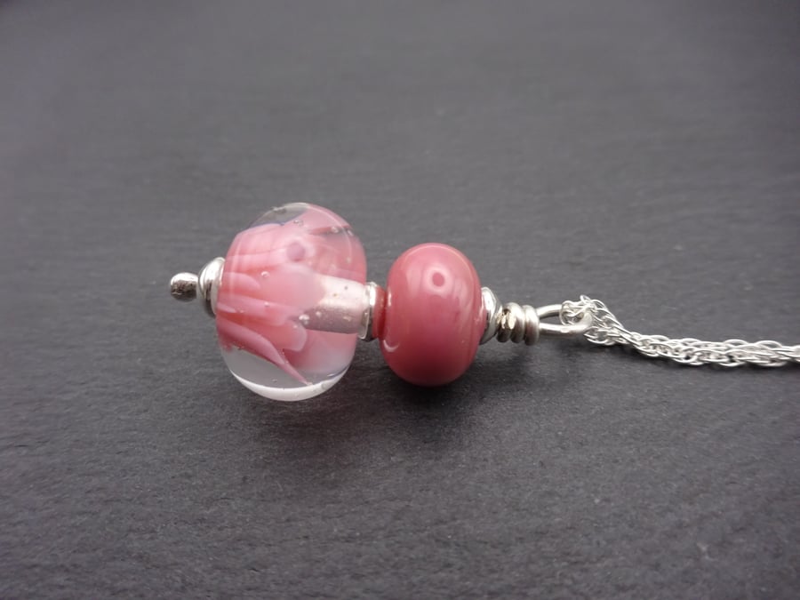 sterling silver chain, lampwork glass pendant, pink flower
