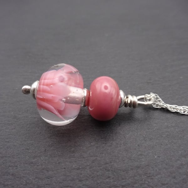 sterling silver chain, lampwork glass pendant, pink flower