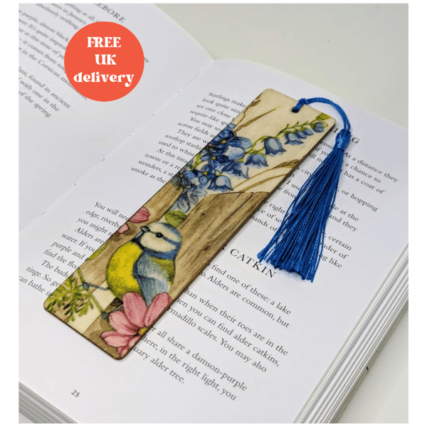 Blue tit wooden bookmark, letterbox gift