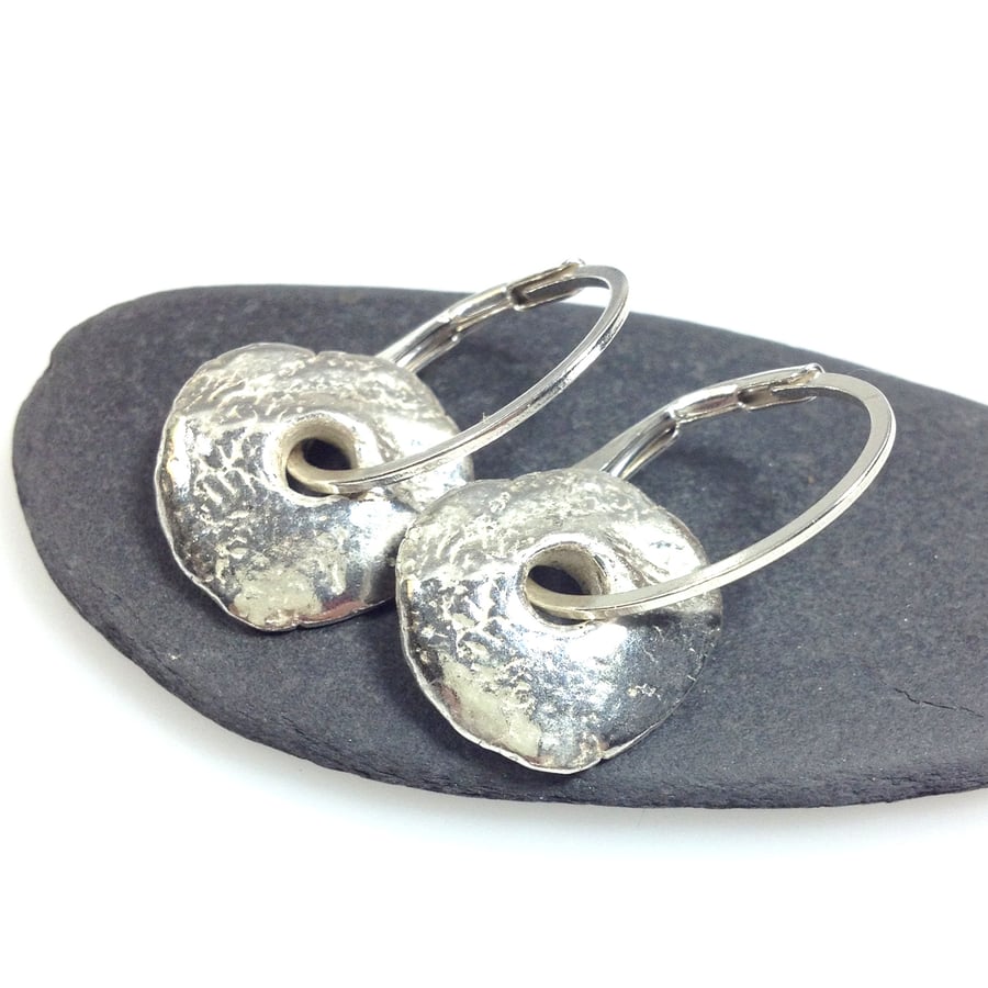 Rustic silver disc hoop earrings