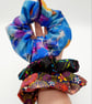 Large scrunchies,  set of 3. Black neon, blue petal fabric.   - Image 4