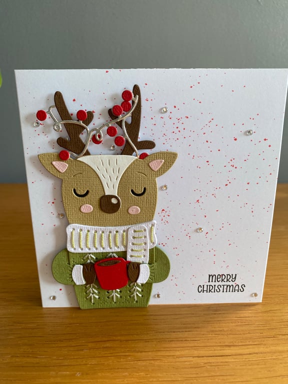Handmade Reindeer Christmas Card Traditional Colours & Hand Stitched Details