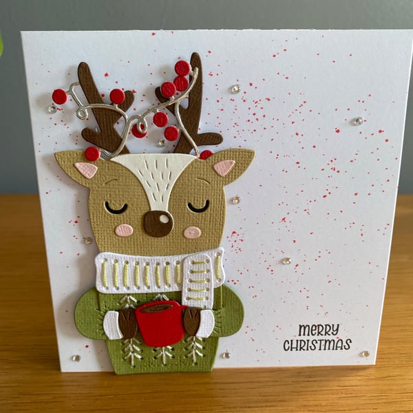 Handmade Reindeer Christmas Card Traditional Colours & Hand Stitched Details