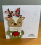 Handmade Reindeer Christmas Card Traditional Colours & Hand Stitched Details