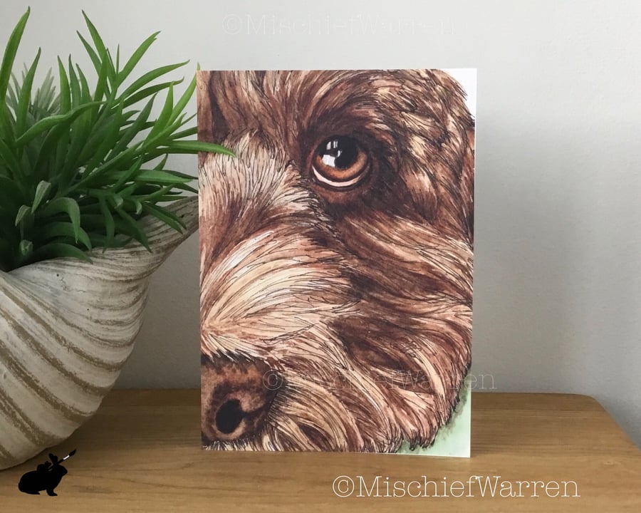 Brown Cockapoo Art Card. Blank chocolate cockerpoo dog card.