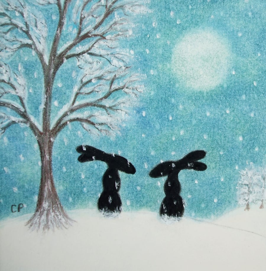 Hare Card, Christmas Art, Snow Bunny Rabbits Card, Animal Moon Friends Card