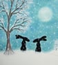 Hare Card, Christmas Art, Snow Bunny Rabbits Card, Animal Moon Friends Card - Image 1