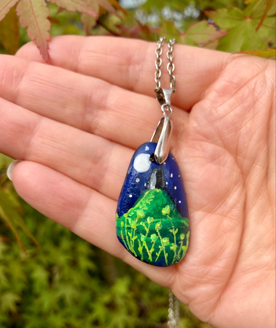 Hand Painted Stone Pendant Necklace Avalon Moon Glastonbury Handmade Jewellery