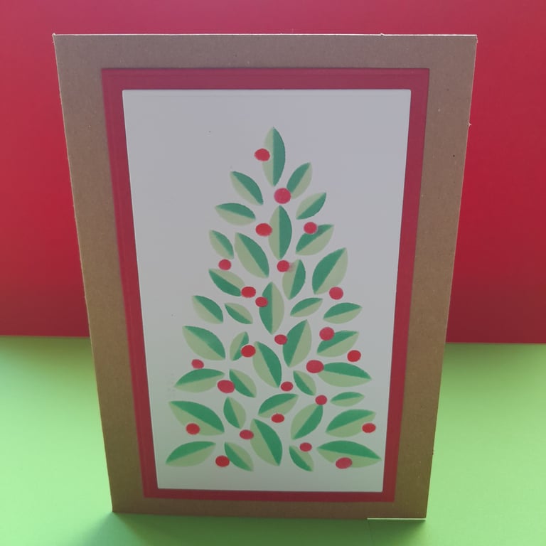 Christmas Tree Christmas Card - Traditional Green & Red - Handmade