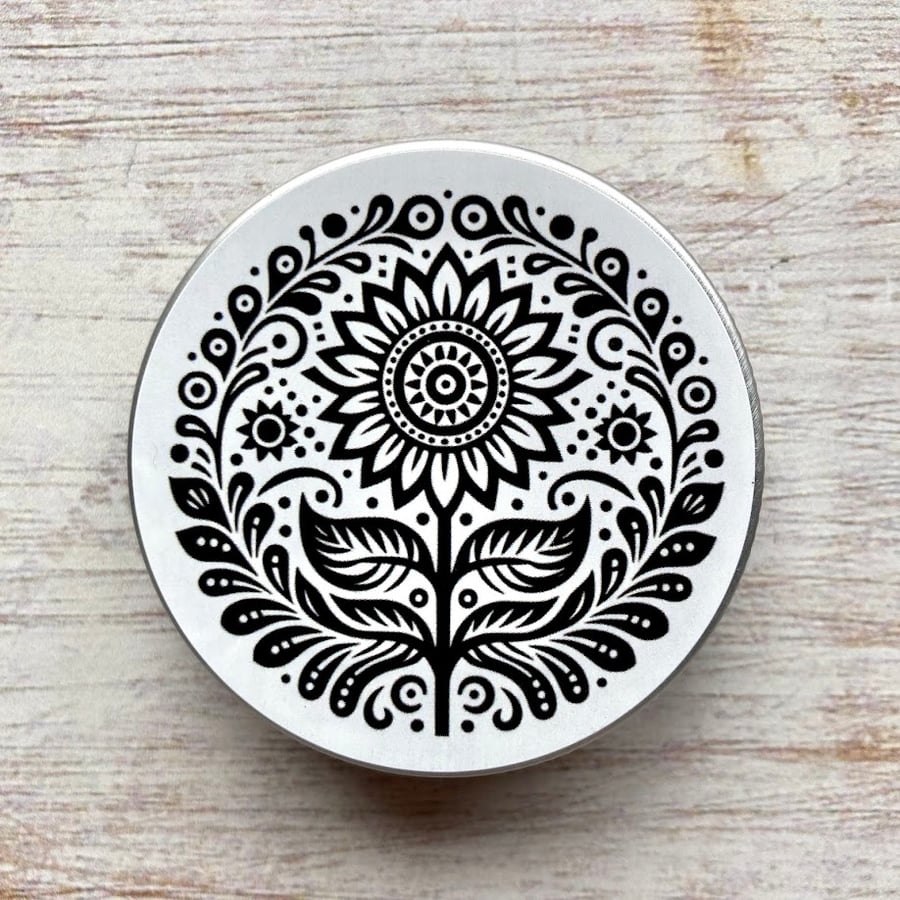 Storage tin folk art sunflower stitch markers, beads, knitting and sewing