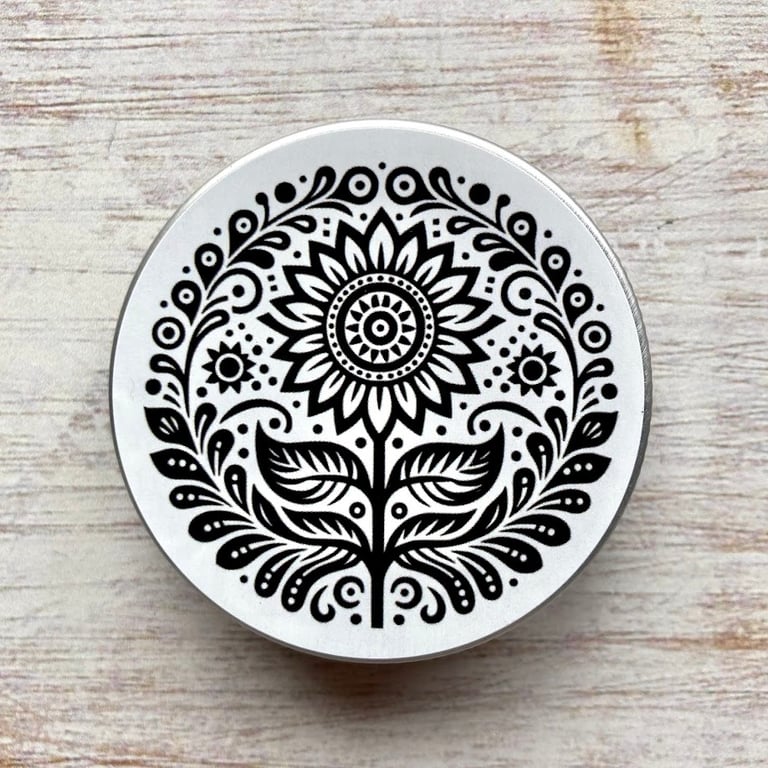 Storage tin folk art sunflower stitch markers, beads, knitting and sewing