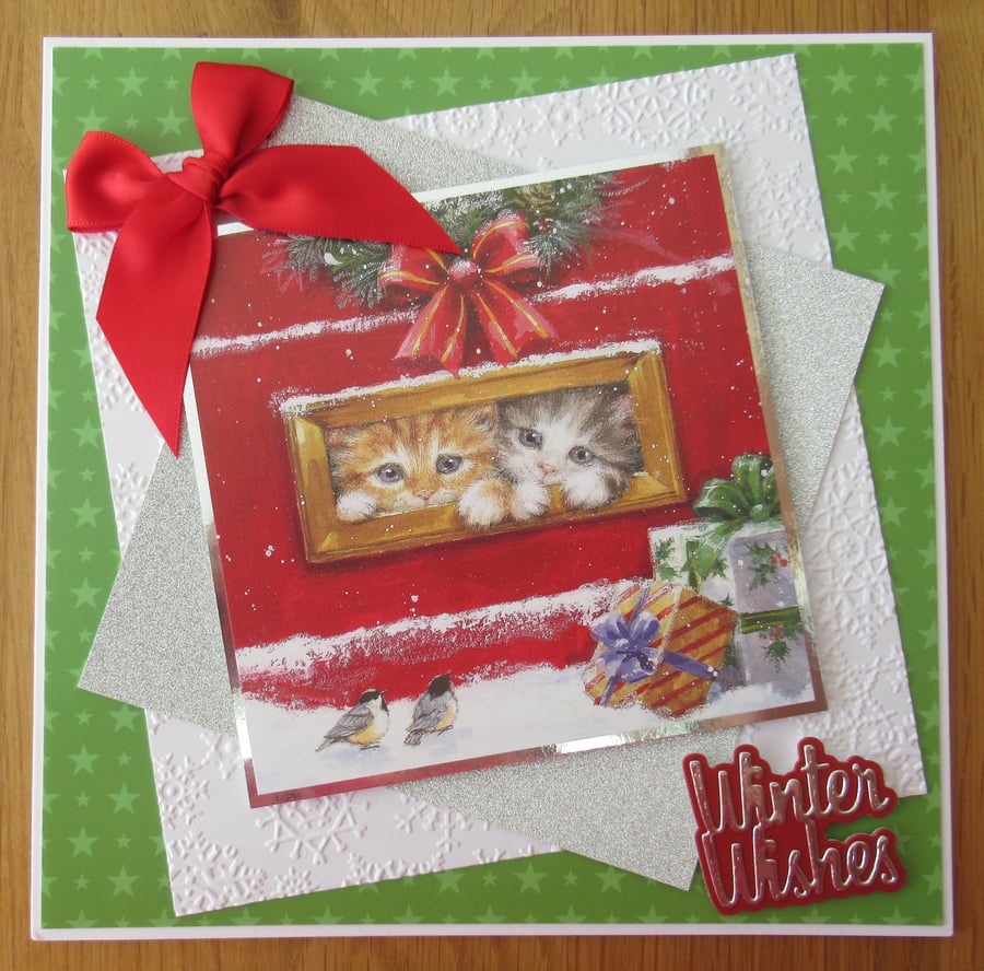 8x8 Luxury Christmas Card - Cats Looking Through The Letterbox