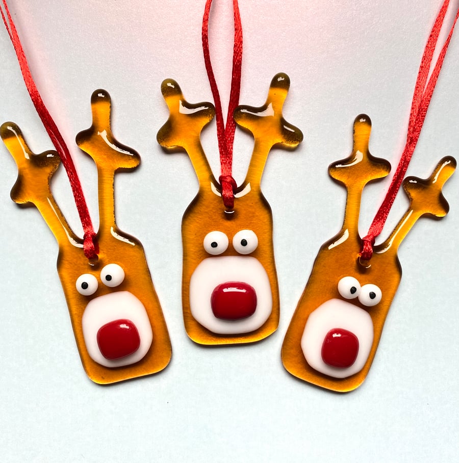 Rudolf the red nose reindeer - fused glass Christmas decoration