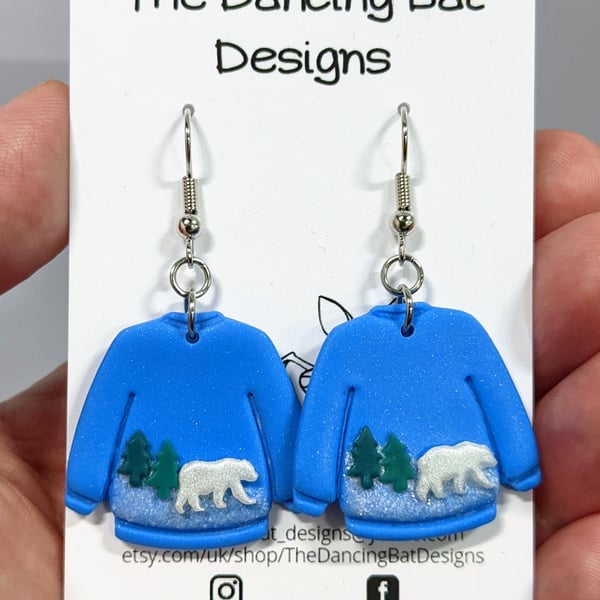 Blue Christmas Jumper Earrings with Polar Bear Design, Polymer Clay Jewellery