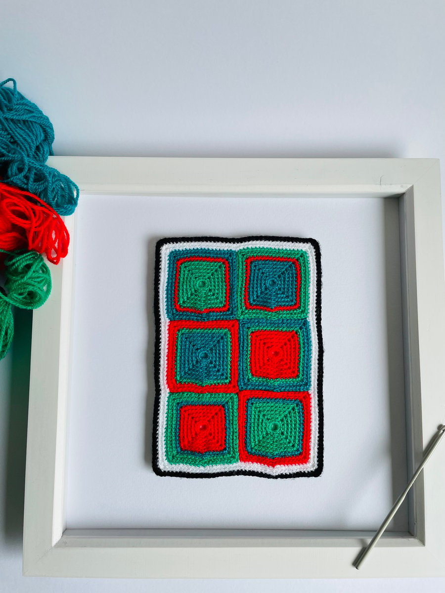 Crochet Art, Colour Field Tensions, Red, Blue and Green