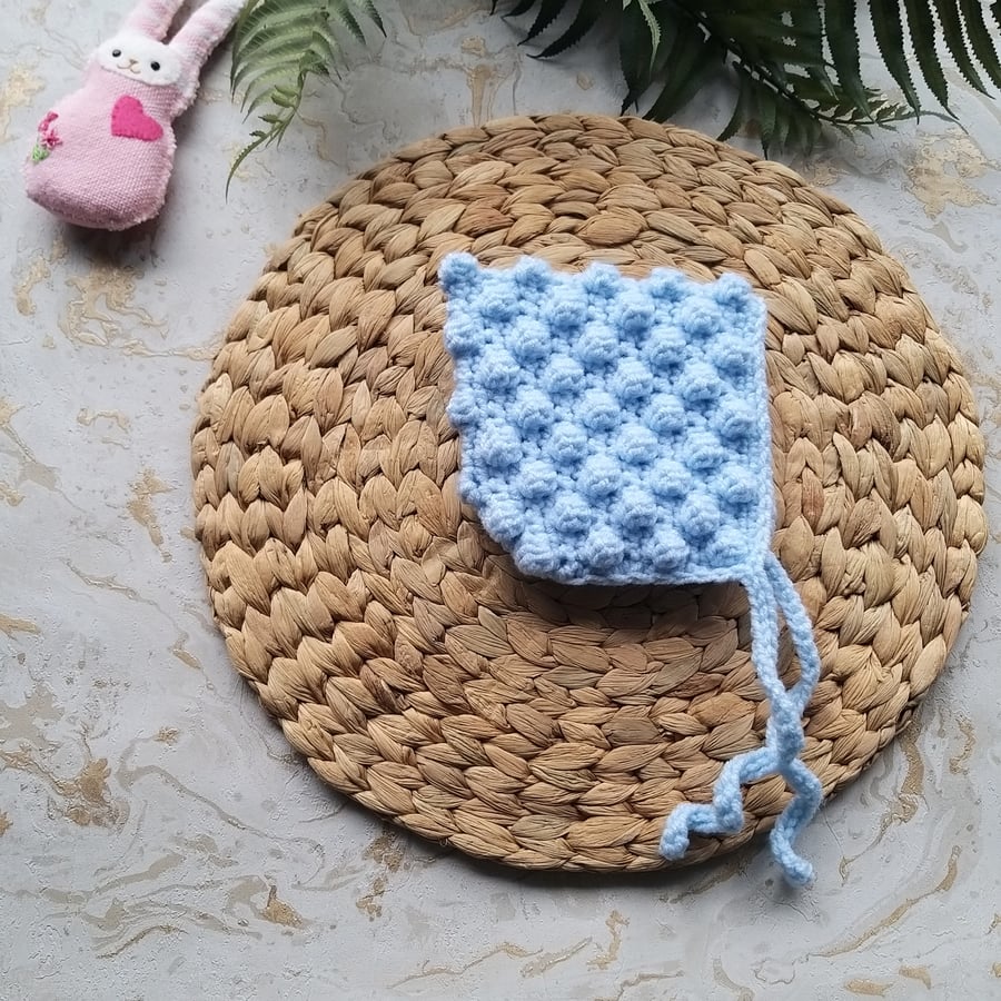 Crochet Bobble Pixie Bonnet, Hat, Baby Hat. Pale Blue 0-6 months