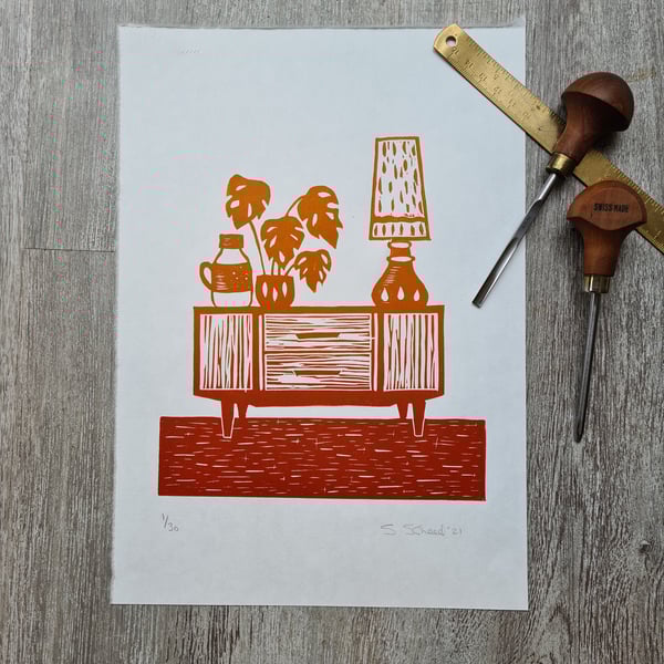 Hand printed, original lino print Mid Century Interior A4 