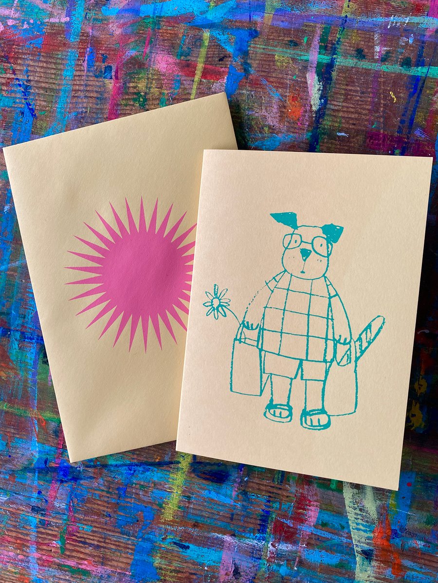 Shopping Dog Screen printed card by Jo Brown