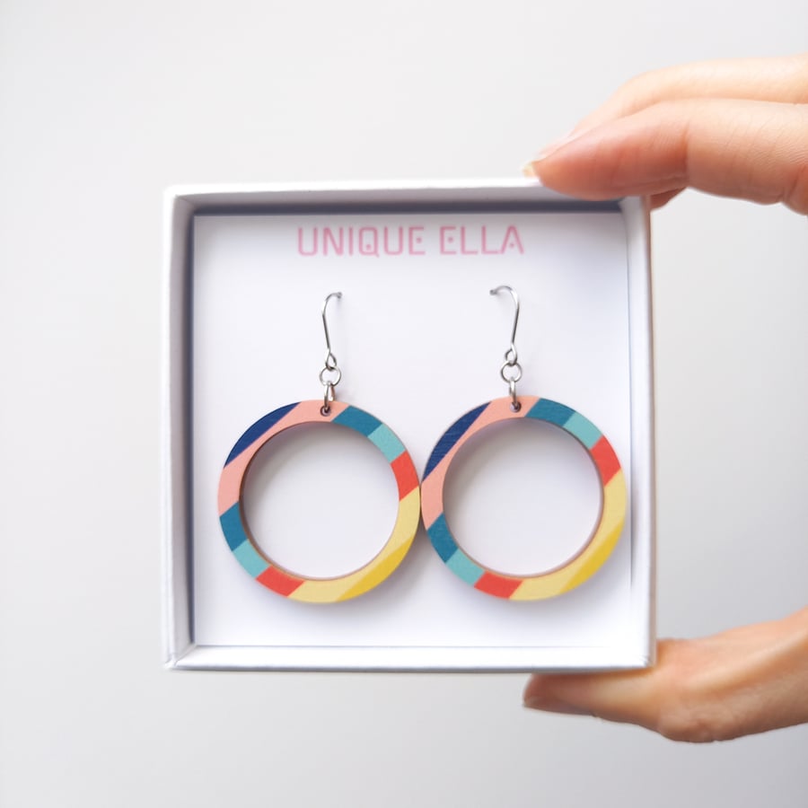 Colourful Big Florida Statement Wooden Earrings Unique Sustainable Jewellery