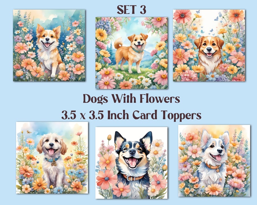 Dogs with Flowers Square Card Toppers for Card Making, Tags, Scrapbooks, Journal