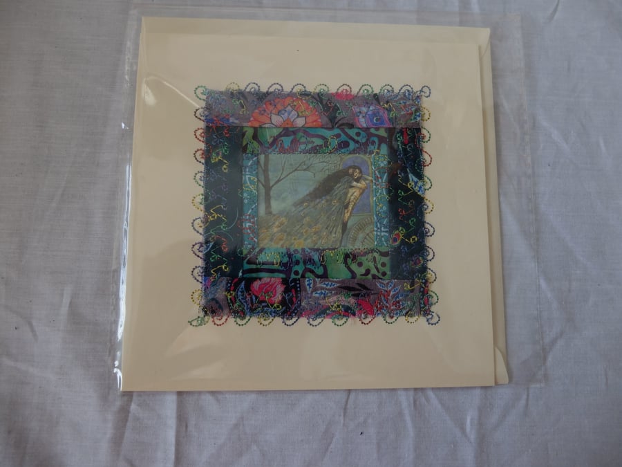 Artwork from collectable cards made into greetings card, Cloak of feathers