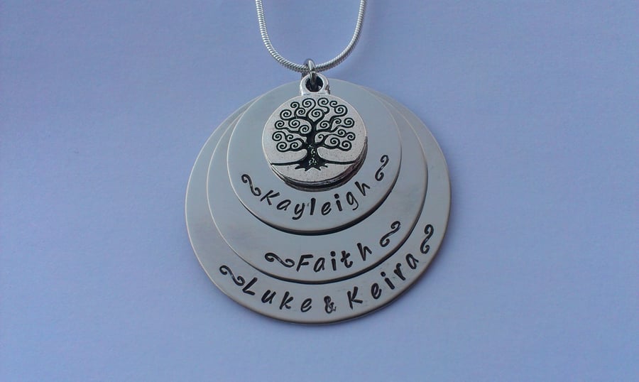 Hand Stamped personalised family tree triple stacked name necklace