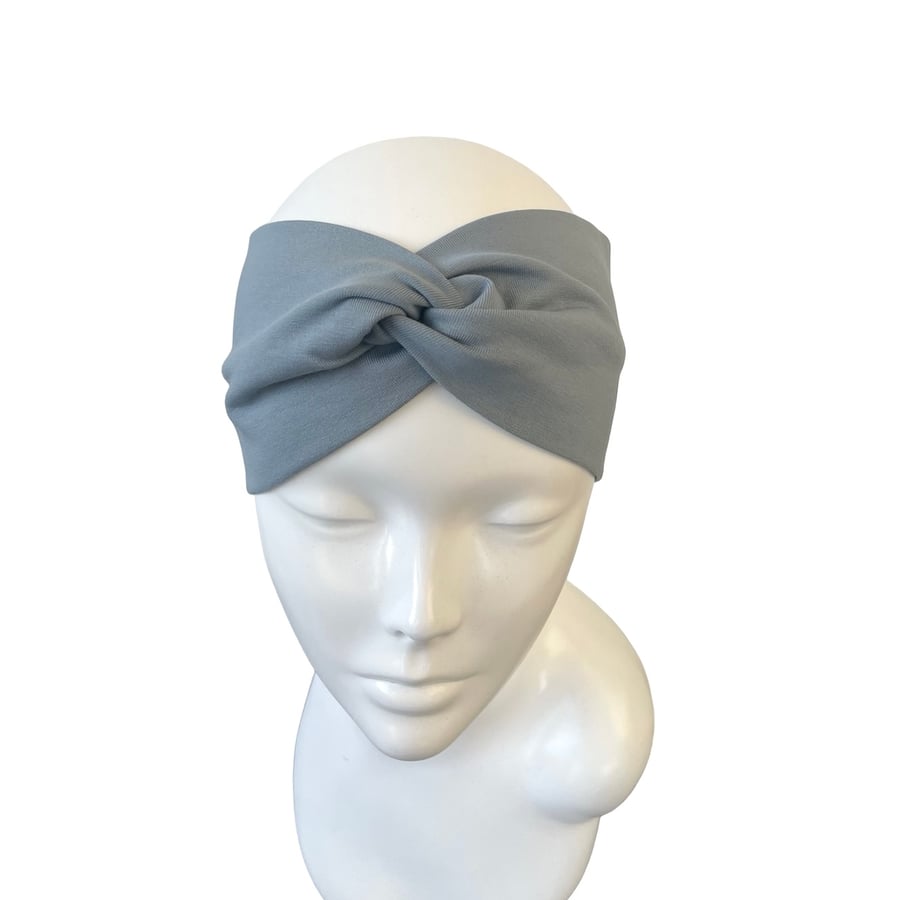 Dusky Blue Soft Cotton Twist Headband Wide Stretchy Head Wrap for Women