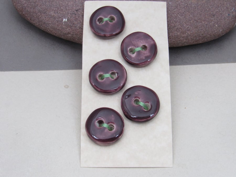 5 Small Round Aubergine Purple Ceramic Buttons