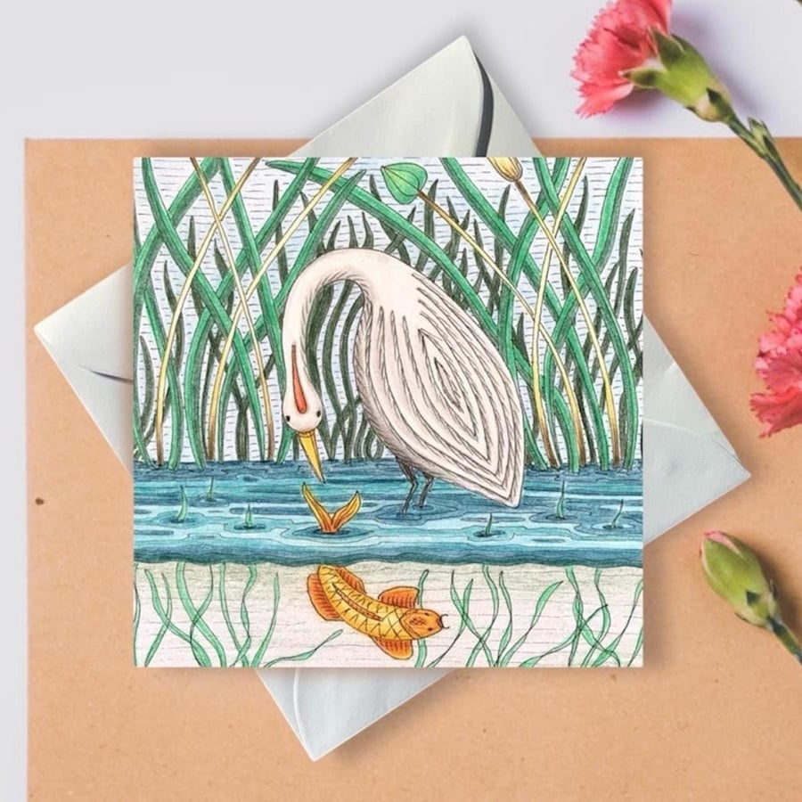 Gone Fishing Art Print Card, Heron and Fish River Scene Greetings Card