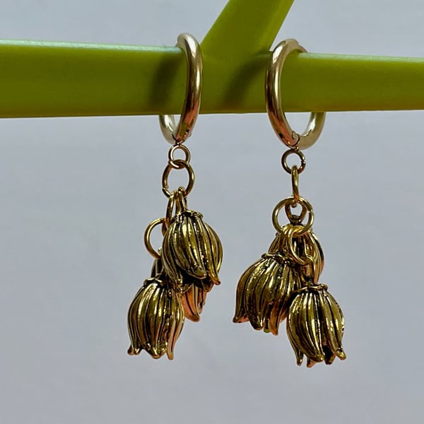 Lotus flower huggie earrings brass antique gold cute Kawaii