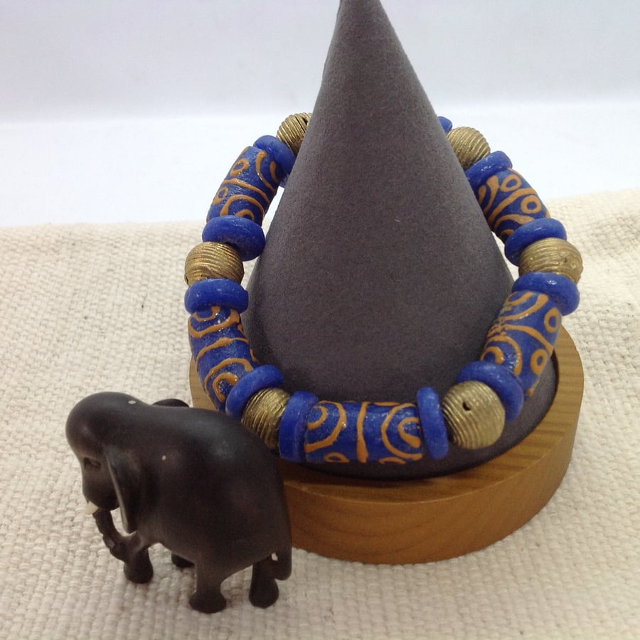 7.5" unisex handmade African beads bracelet with large blue and brass beads