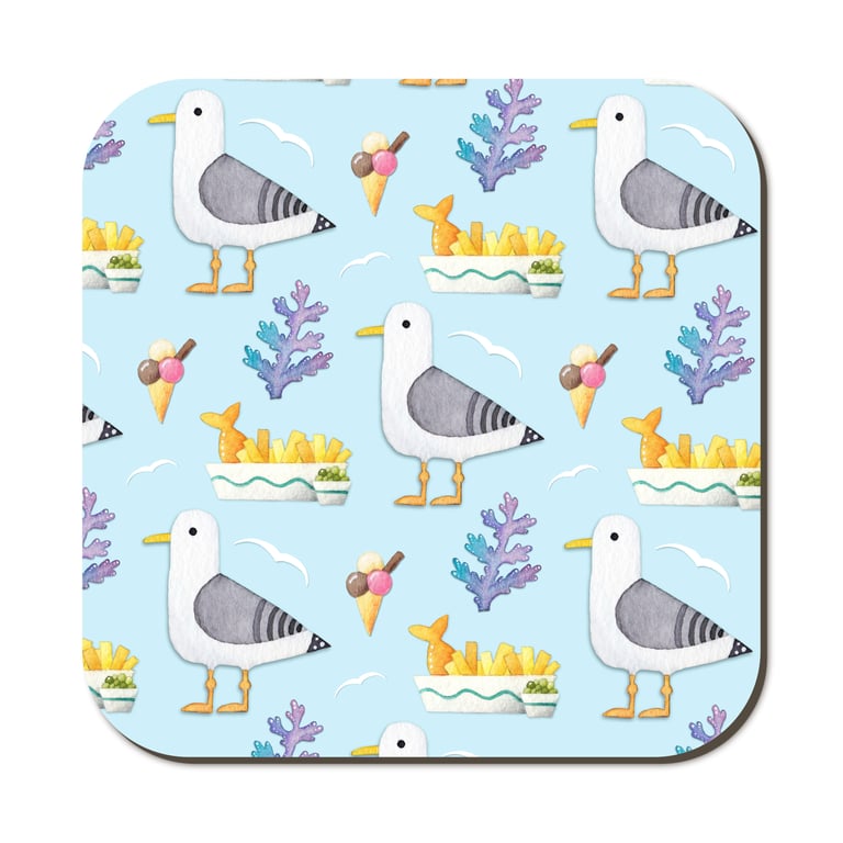 Seagull Coaster. Cute Watercolour Pattern. Fish and Chips. Coastal Seaside Art