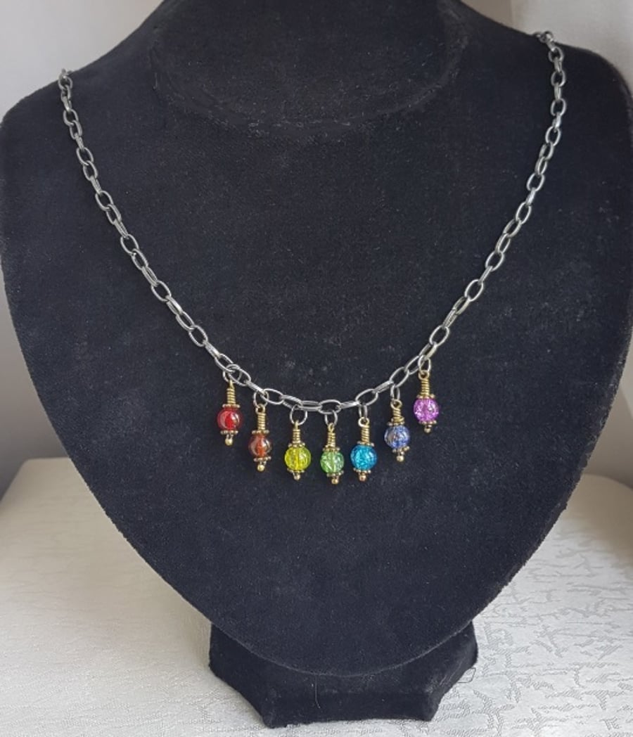 Rainbow Necklace - Dark Silver tone chain