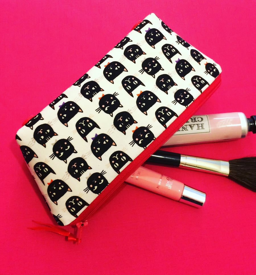 Handmade Cat Print Makeup Bag, Pencil Case, Cosmetics Case, Zipper