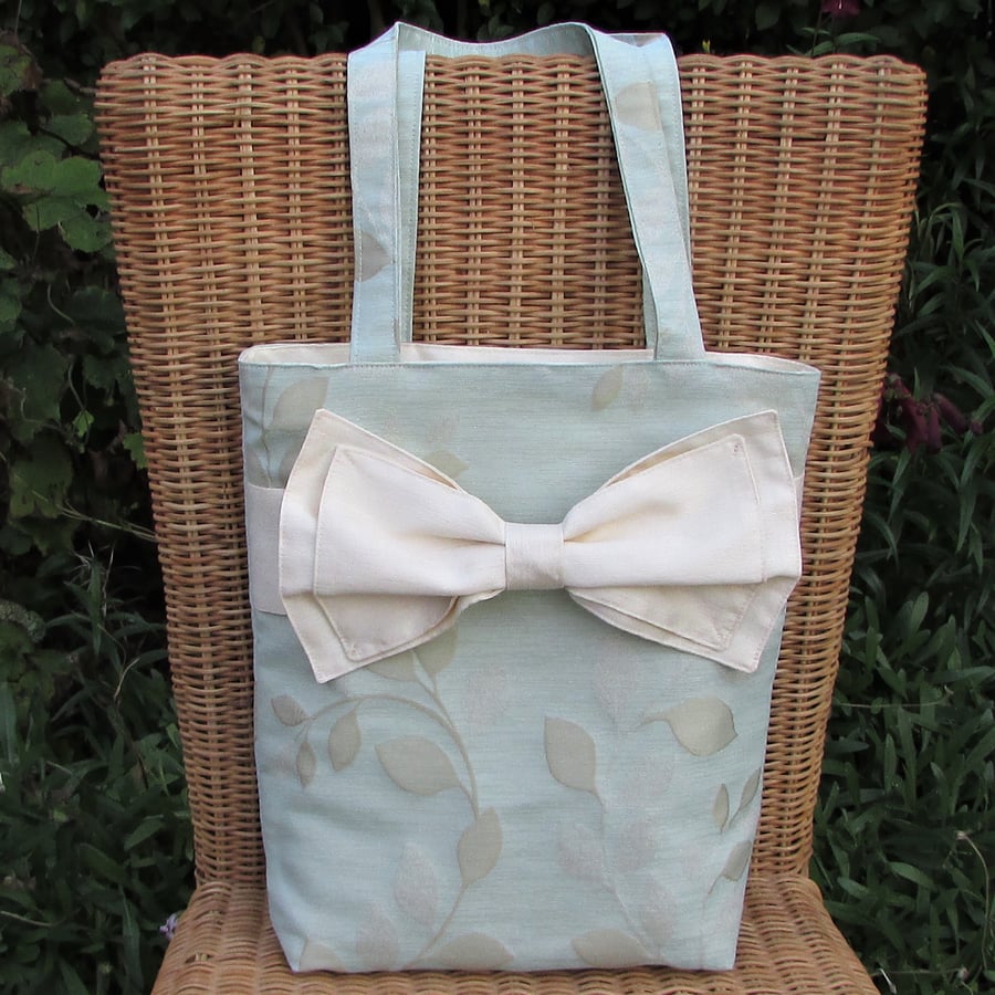 Duck egg blue leaf pattern tote bag, handbag with large decorative bow
