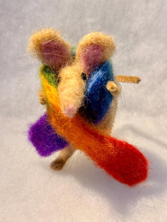 Felted mouse - light brown with rainbow scarf