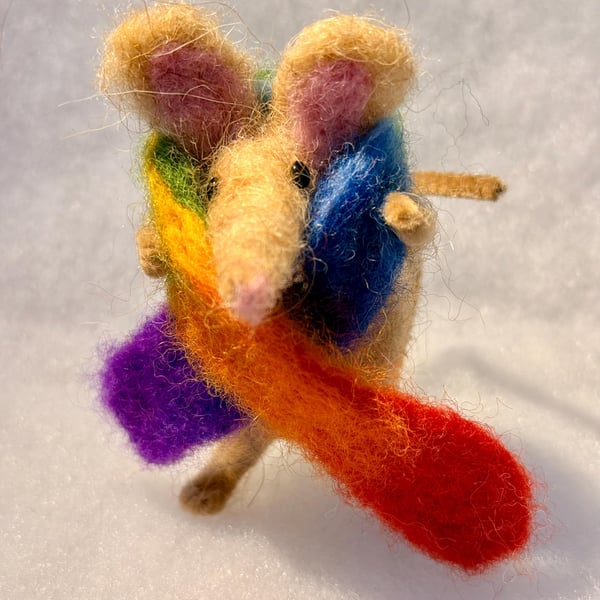 Felted mouse - light brown with rainbow scarf