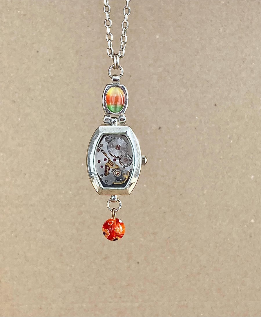 Upcycled Silver Tone Wrist Watch Case Featured A Vintage Watch Movement Necklace