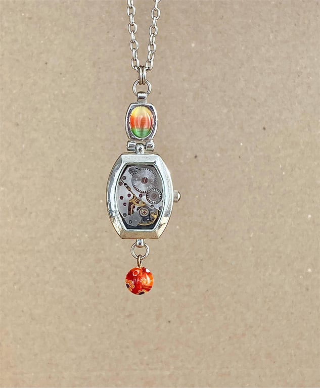 Upcycled Silver Tone Wrist Watch Case Featured A Vintage Watch Movement Necklace