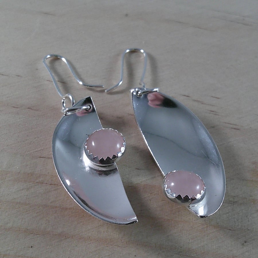 Upcycled Sterling Silver Rose Quartz Half Spoon Earrings (SKU070325)