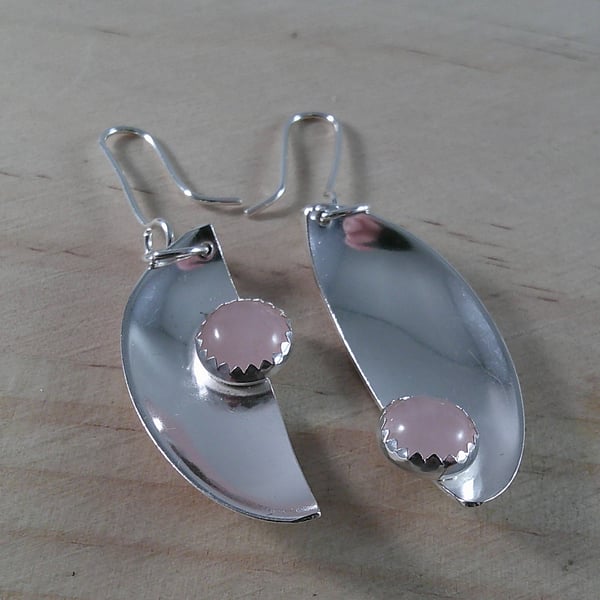 Upcycled Sterling Silver Rose Quartz Half Spoon Earrings (SKU070325)