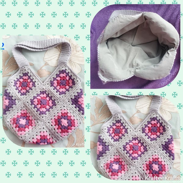 Grey Crochet bag, pink and purple tote bag