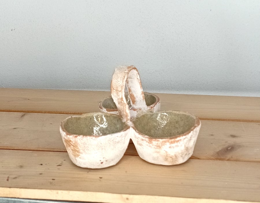 Stoneware hand made condiment  triple caddy table server.