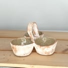 Stoneware hand made condiment  triple caddy table server.