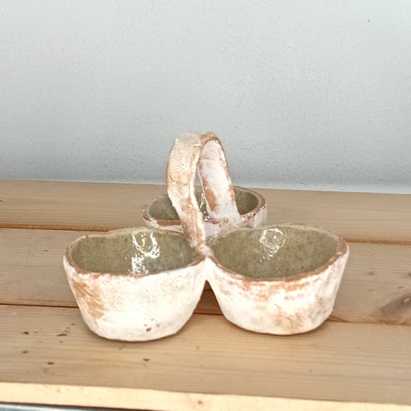 Stoneware hand made condiment  triple caddy table server.