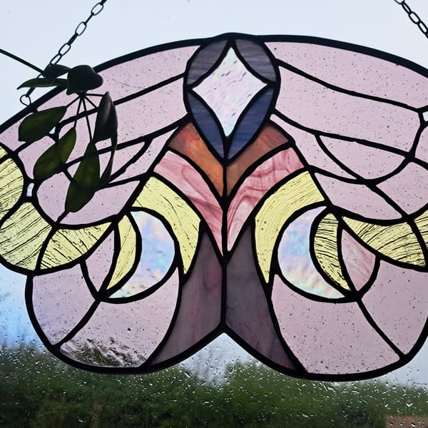 Stained glass handmade large luna purple and pink moth sun catcher