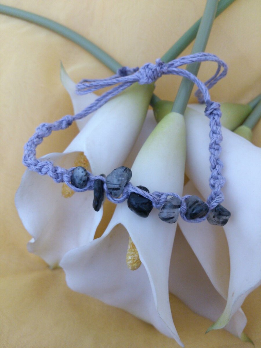 Black and white quartz and purple hemp shamballa style bracelet