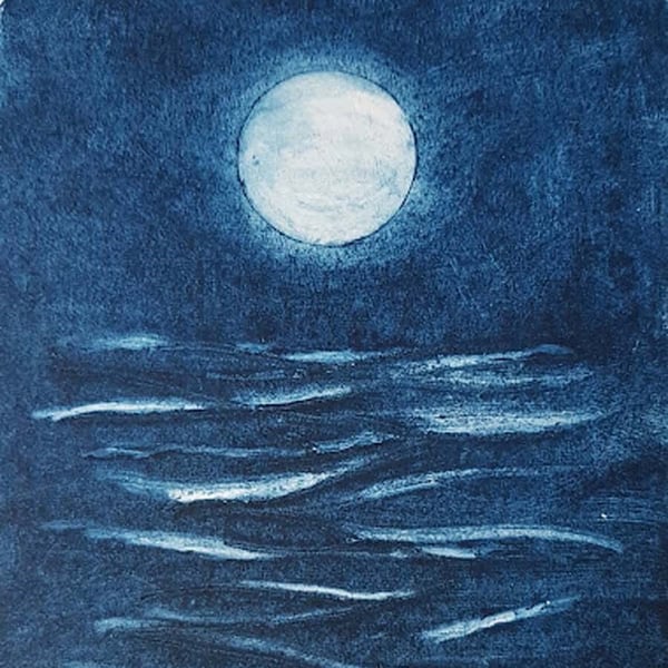 Harvest moon collagraph moon over the sea no.5 limited edition print OOAK