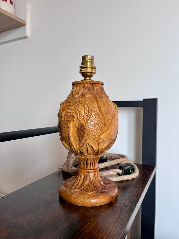 Vintage 1960s Olive Wood Bedside Lamp – Handmade Bethlehem Table Light